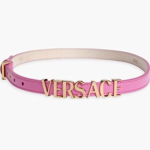 New Authentic Versace Hot Pink Leather Belt with Gold Logo Buckle